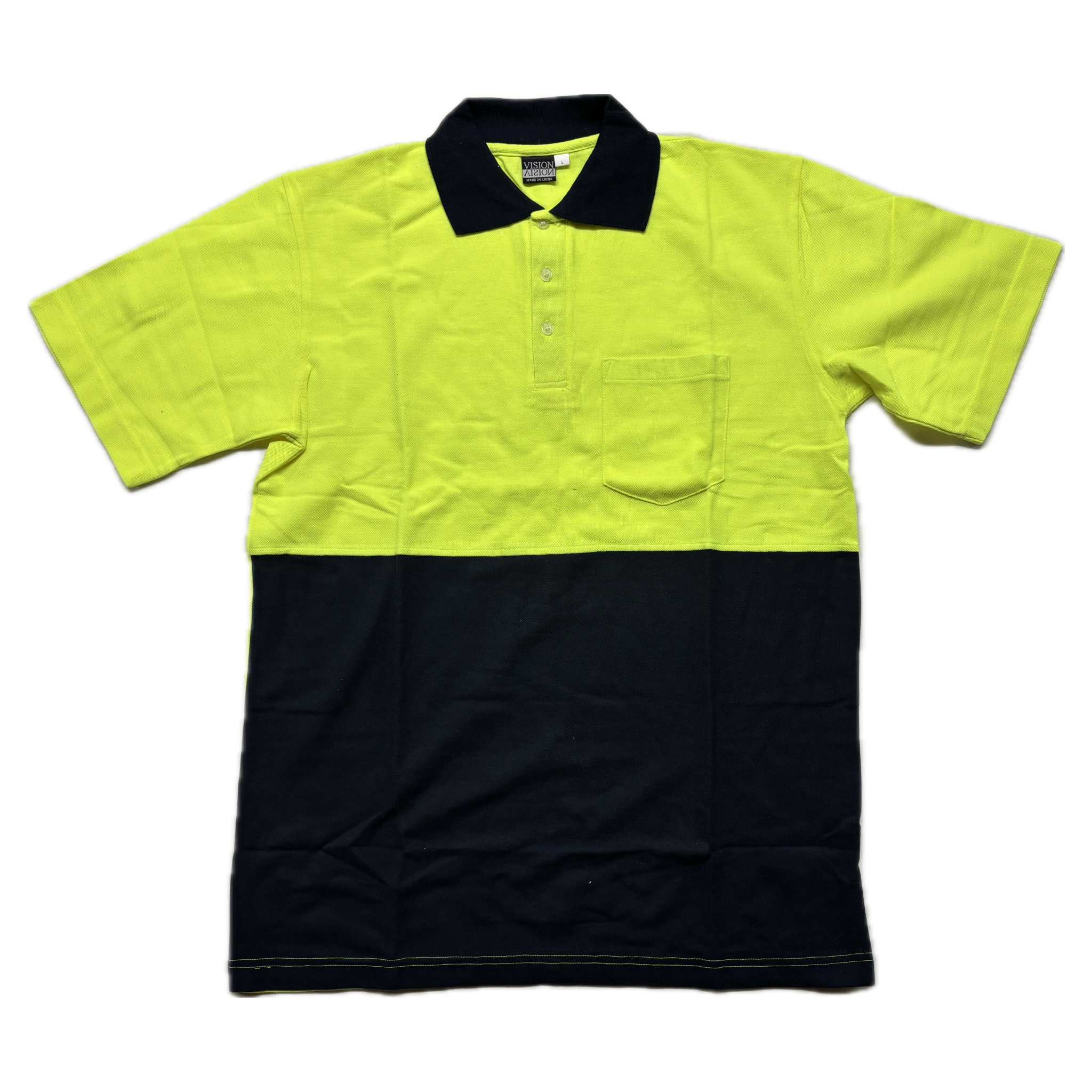 VISION Hi-Vis Polycotton Pique Knit S/S Shirt -  Fluro Yellow Navy